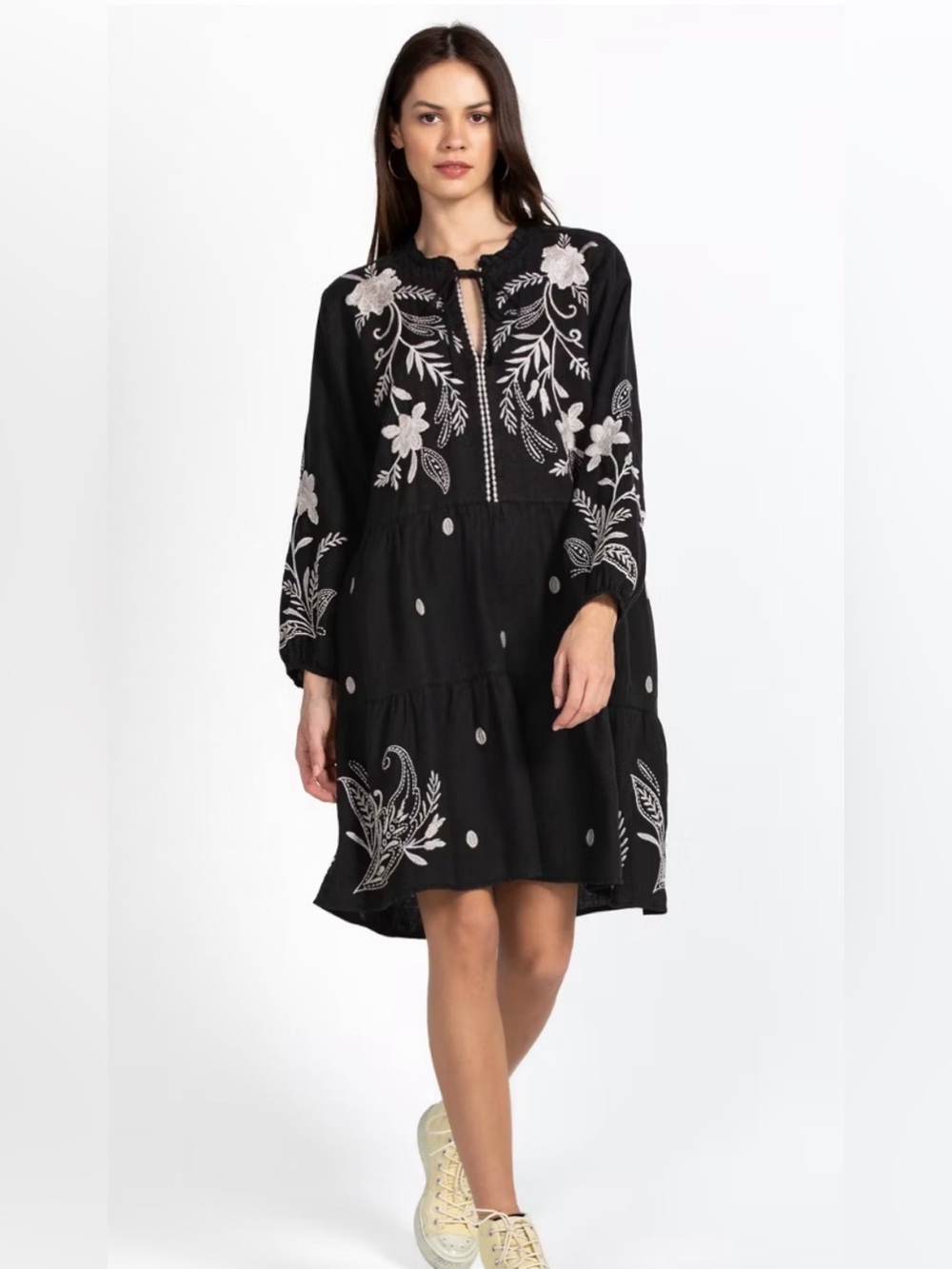 Johnny Was Size Small Dress Frankie Black Linen Tiered Bird Floral Embroidered
